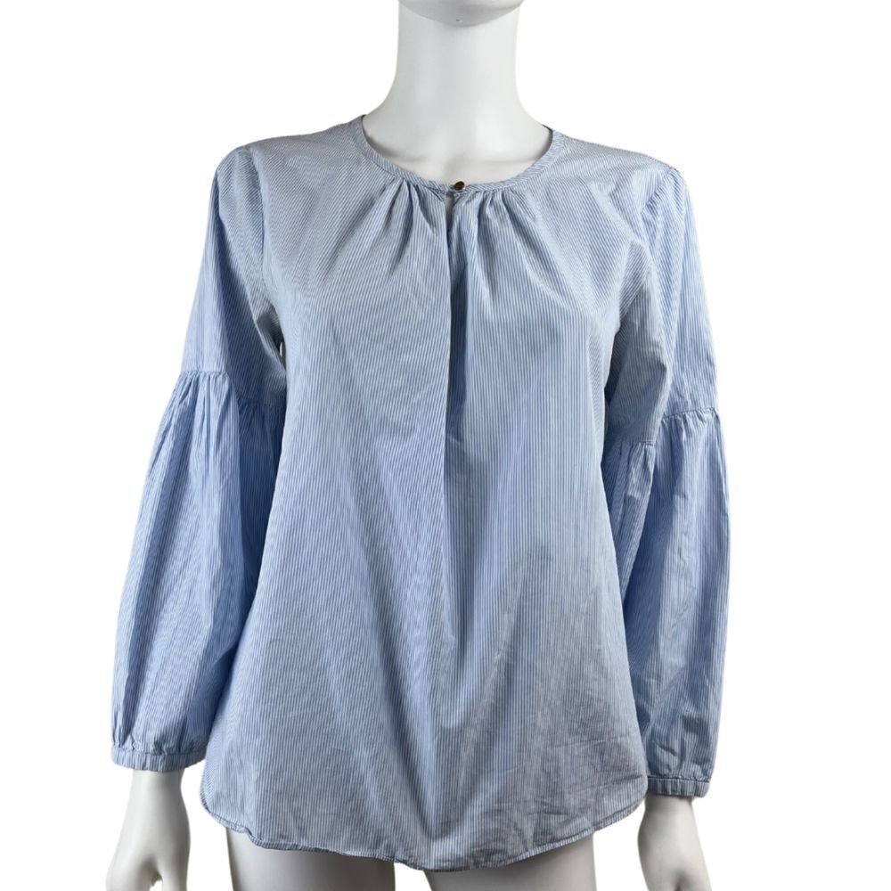 Madewell Womens size M Blue Pin Striped Cotton Balloon Sleeve Blouse Peasant Top